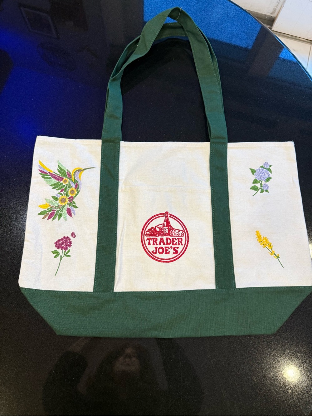 Cream Canvas Trader Joe’s Tote with Dark Green Trim and Floral Embroidery